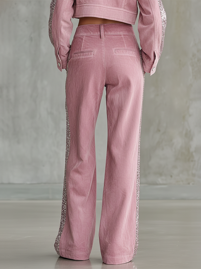Retro-style Sequined Striped Faux Suede Wide-leg Pants