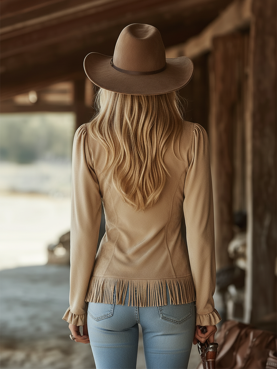 Retro Western-style Beige Slightly Stretchy Faux Suede Fringe Shirt