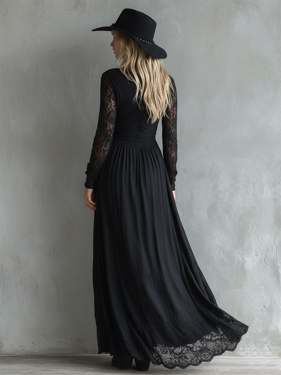 Stylish Western-style Lace-paneled Split Black Maxi Dress