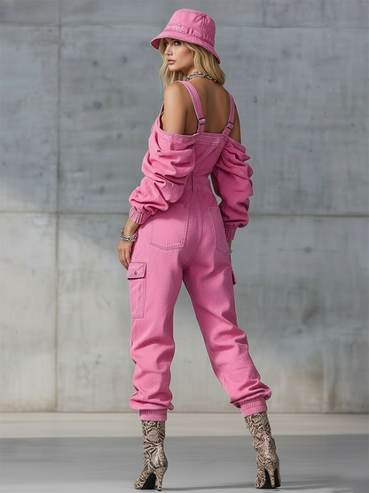 Stylish And Modern Long-sleeved Strappy Tapered Legs Pink Denim Jumpsuit
