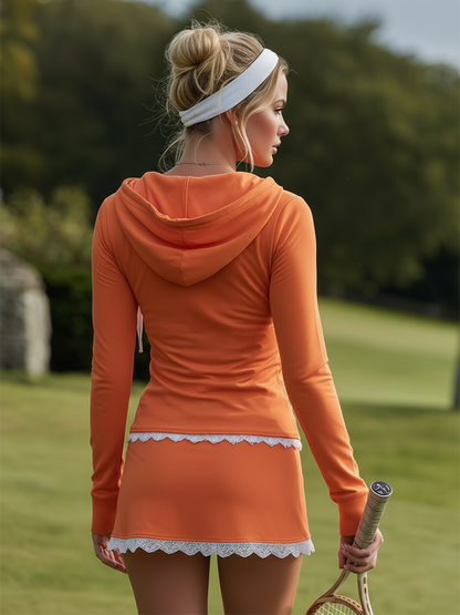 Vibrant Lace-trimmed Orange Hooded Sweatshirt And Shorts Set