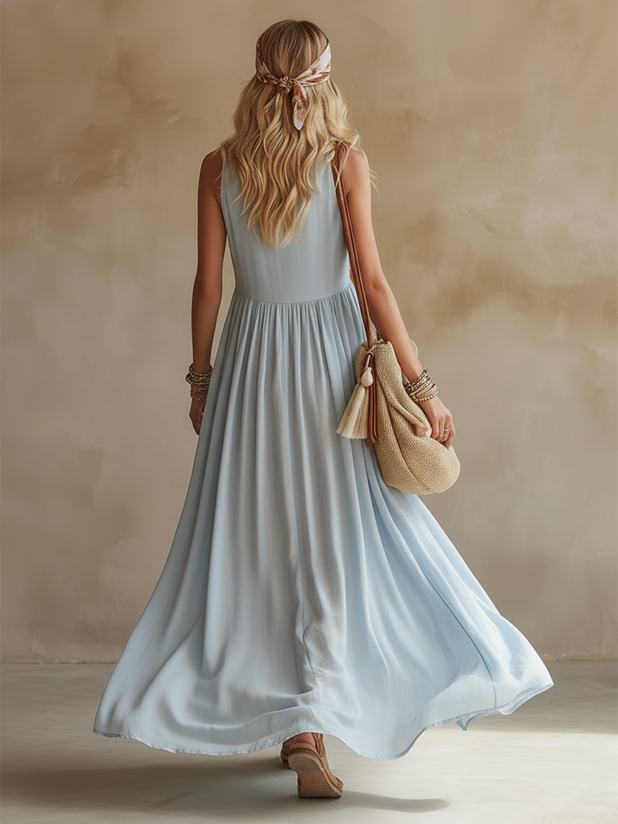 Bohemian-style Exquisite Embroidered Light Blue Chiffon Sleeveless Maxi Dress