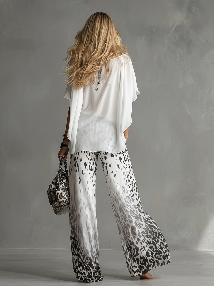 Modern And Stylish White T-shirt And Leopard Print Chiffon Pants Set