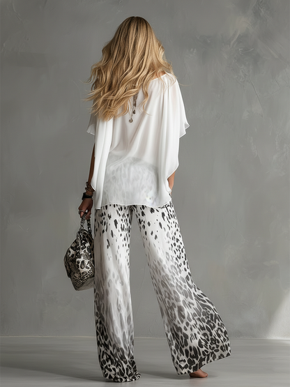 Modern And Stylish White T-shirt And Leopard Print Chiffon Pants Set