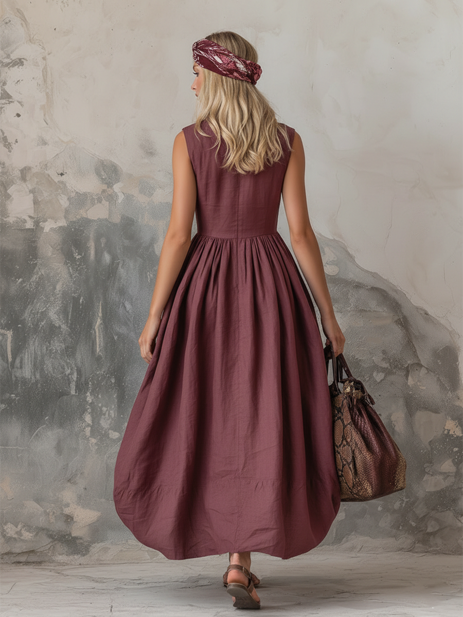 Elegant Zinfandel-colored Cotton And Linen Sleeveless Maxi Dress
