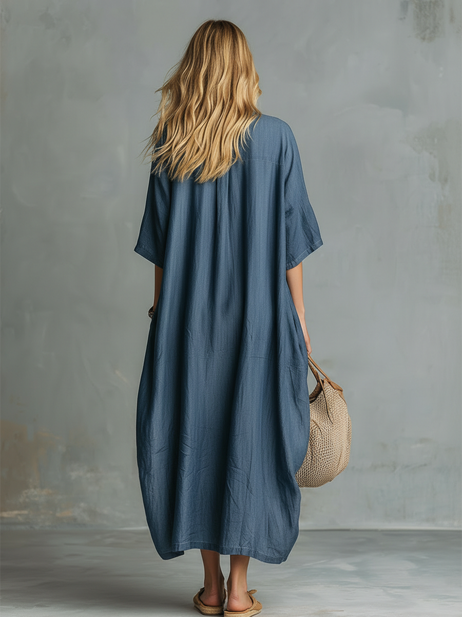 Retro Blue Tencel Denim Short-sleeved Maxi Dress