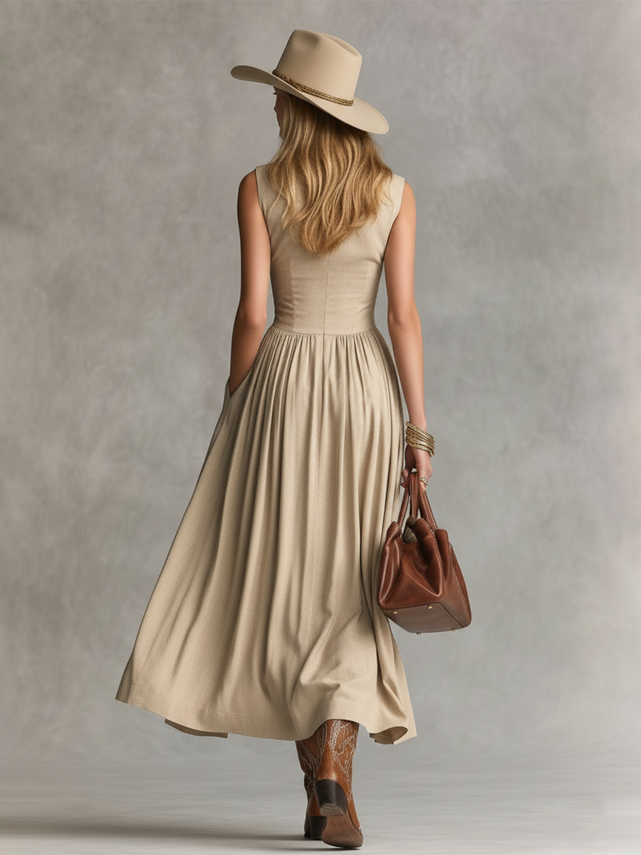 Luxurious Vintage High-quality Metal Buttons Sleeveless Midi Dress