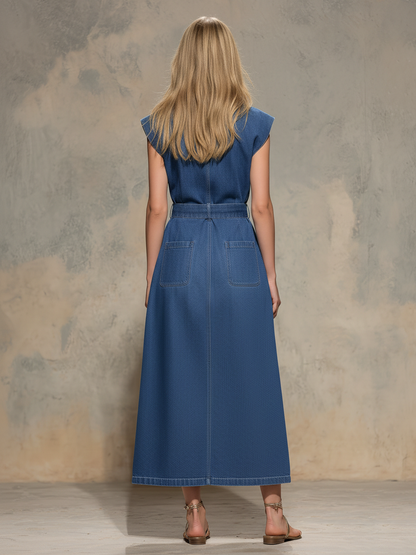 Fashionable Retro Wide-shouldered Stand-up Collar Button-down Denim Maxi Dress