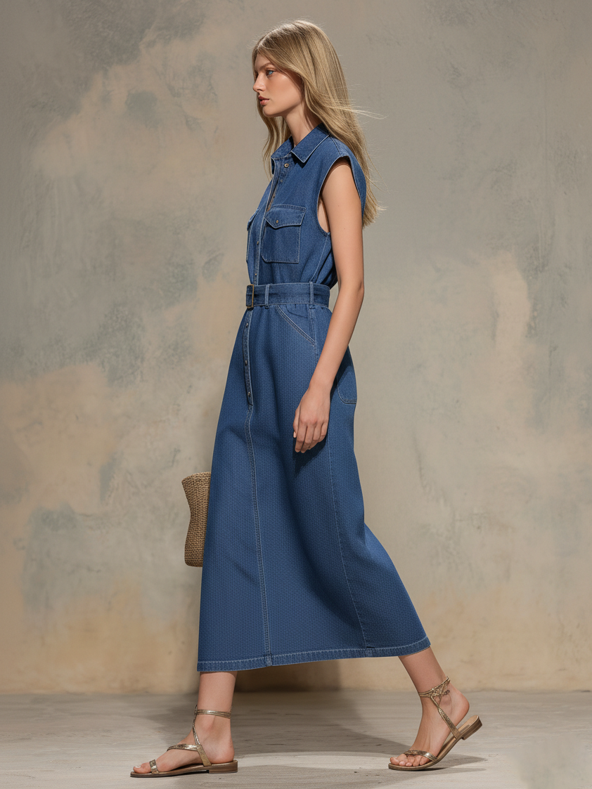 Fashionable Retro Wide-shouldered Stand-up Collar Button-down Denim Maxi Dress