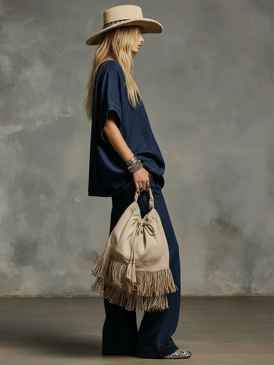 Casual And Stylish Striped V-neck Dark Blue Denim T-shirt And Wide-leg Pants Set