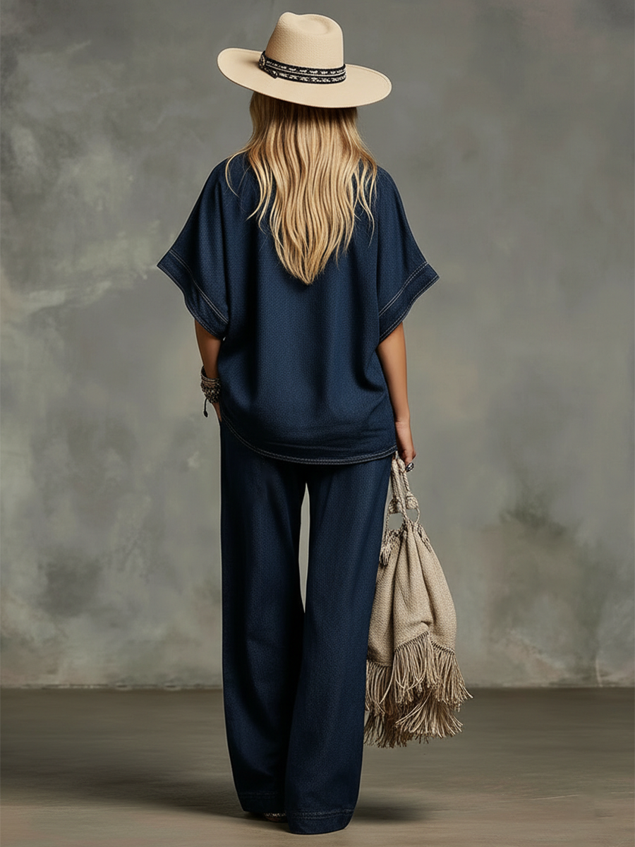 Casual And Stylish Striped V-neck Dark Blue Denim T-shirt And Wide-leg Pants Set