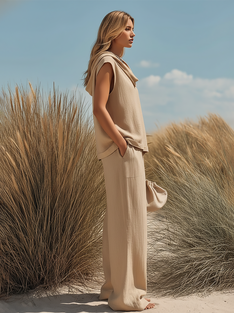 Retro Western Style Cotton And Linen Solid Color Two-piece Set