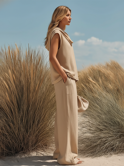 Retro Western Style Cotton And Linen Solid Color Two-piece Set