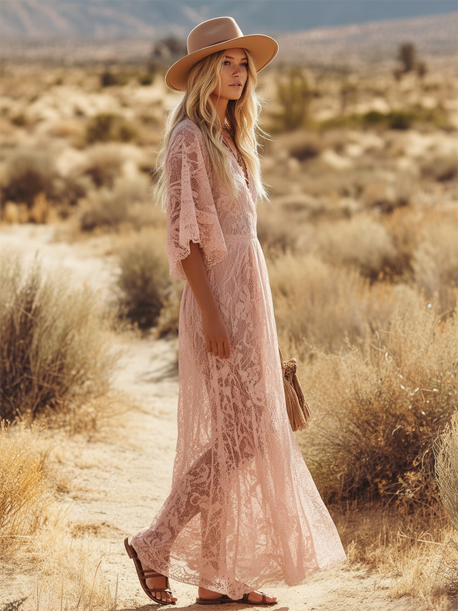 Retro Western Style V-neck Short Sleeve Side Slit Lace Midi Dress