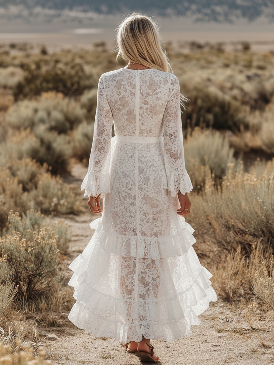 Western-style Vintage V-neck Long-sleeved Ruffled Lace Maxi Dress