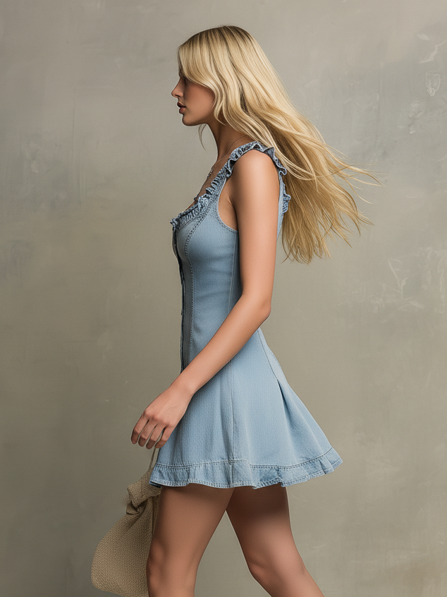 Retro-style Delicate Sweetheart Neckline Sleeveless A-line Denim Mini Dress