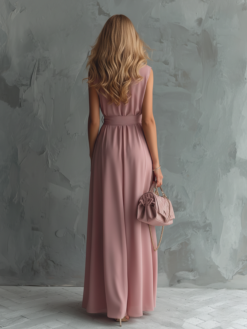 Stylish And Elegant Lapel Sleeveless Button-down Chiffon Long Dress