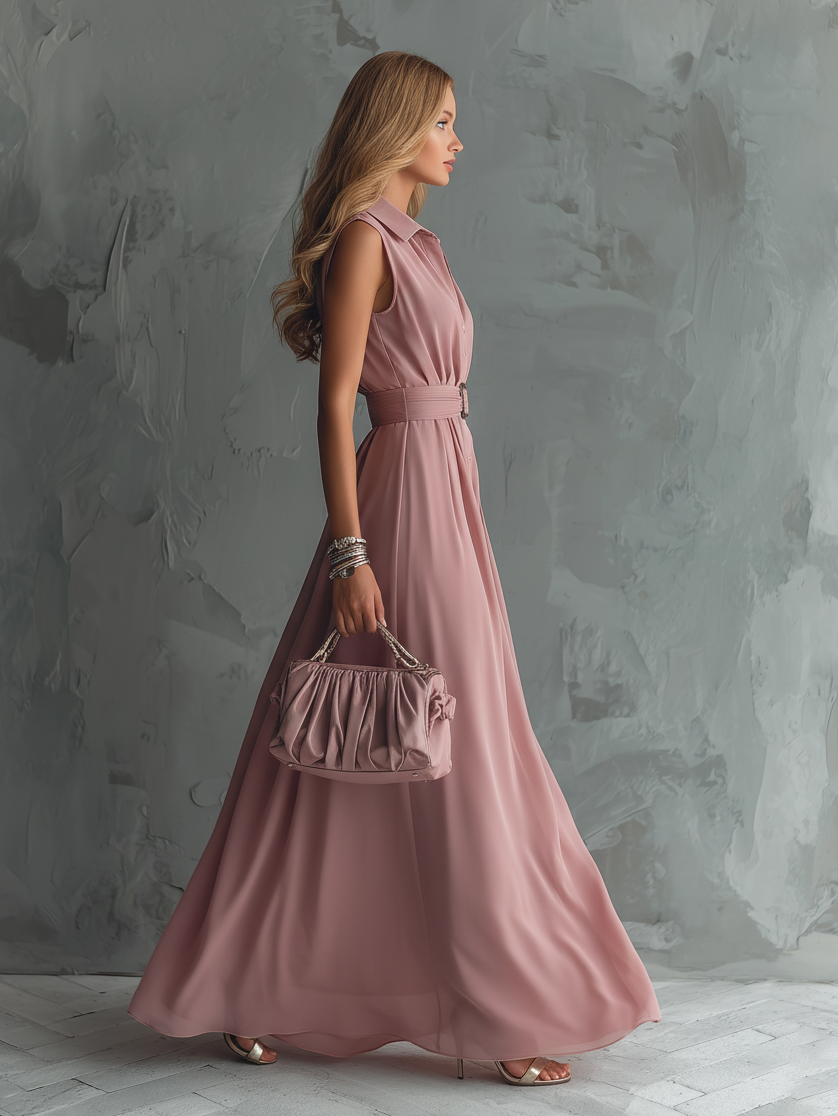 Stylish And Elegant Lapel Sleeveless Button-down Chiffon Long Dress