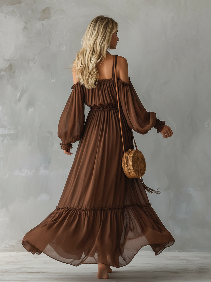 Classic And Elegant Brown Chiffon Off-the-shoulder Long-sleeved Maxi Dress