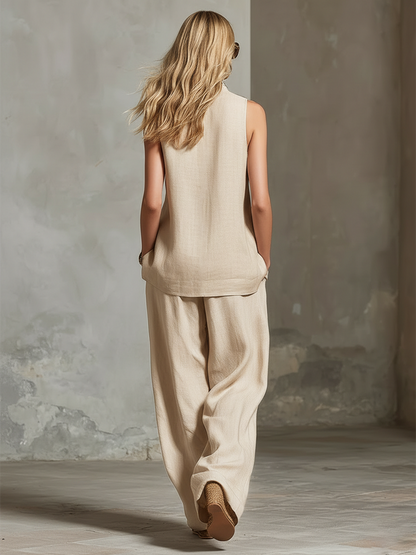 Elegant And High-end Embroidered Cotton And Linen Sleeveless Shirt And Wide-leg Pants Set