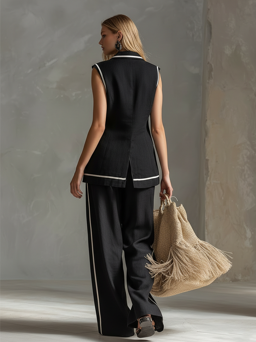 Elegant Urban Style Black Cotton And Linen Mid-length Vest And Wide-leg Pants Set