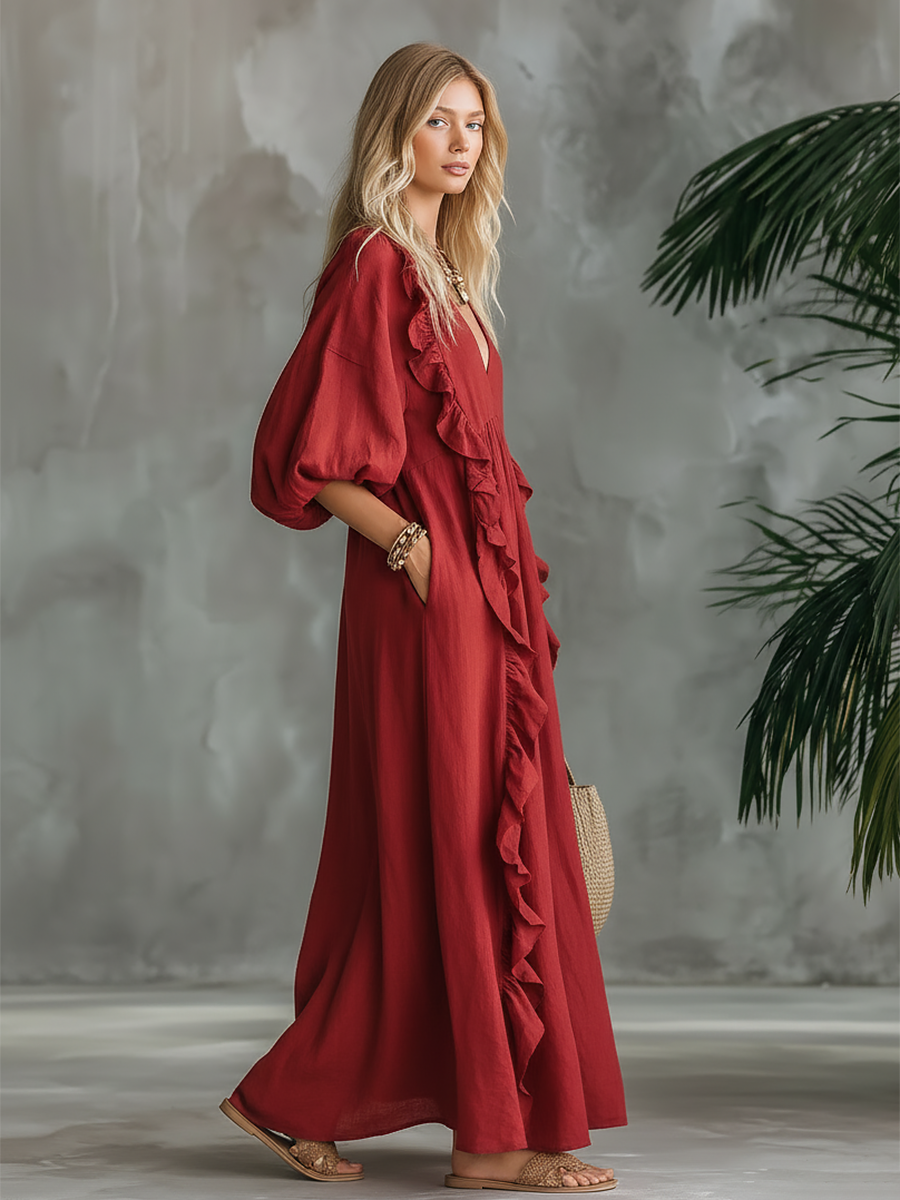 Elegant Retro Vacation V-neck Ruffled Cotton And Linen Maxi Dress