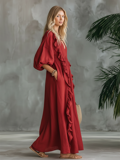 Elegant Retro Vacation V-neck Ruffled Cotton And Linen Maxi Dress