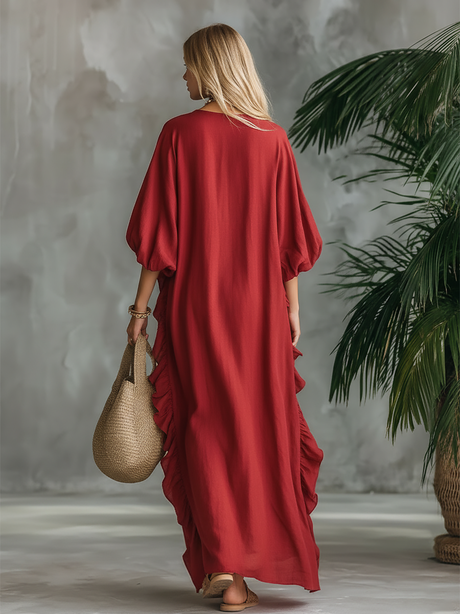 Elegant Retro Vacation V-neck Ruffled Cotton And Linen Maxi Dress