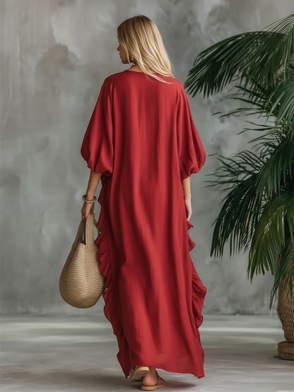Elegant Retro Vacation V-neck Ruffled Cotton And Linen Maxi Dress