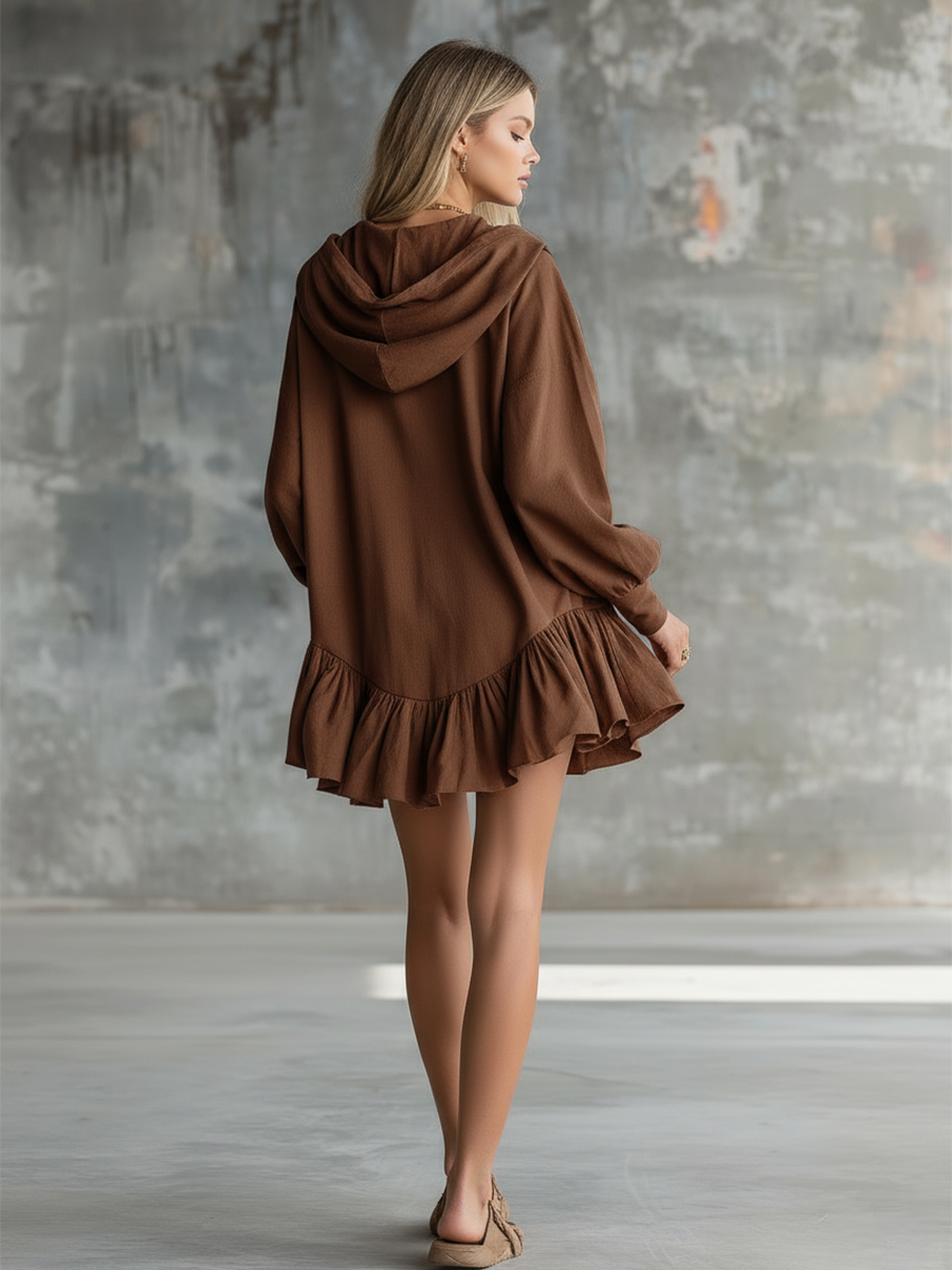 Vintage Hooded Half-zip Ruffle Trim Cotton And Linen Mini Dress