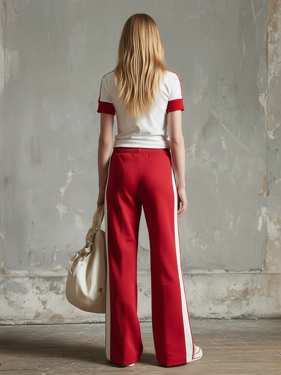 Casual Everyday Sports Striped Side Color-block T-shirt And Sweatpants Set