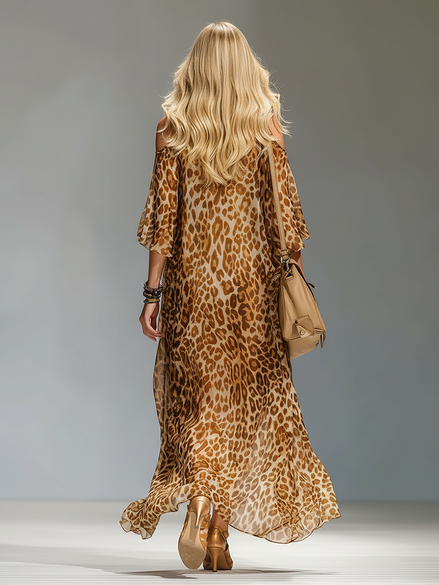 Leopard Print V-neck Cold Shoulder Chiffon Short-sleeved Maxi Dress