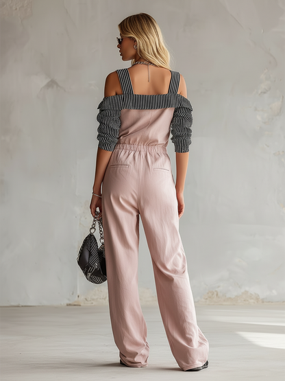 Stylish Color-blocked Striped Sleeve Pink Cotton Jumpsuit