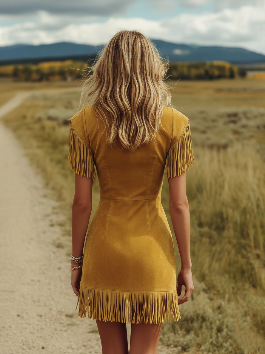 Western-style Vintage V-neck Fringed Faux Suede Mini Dress