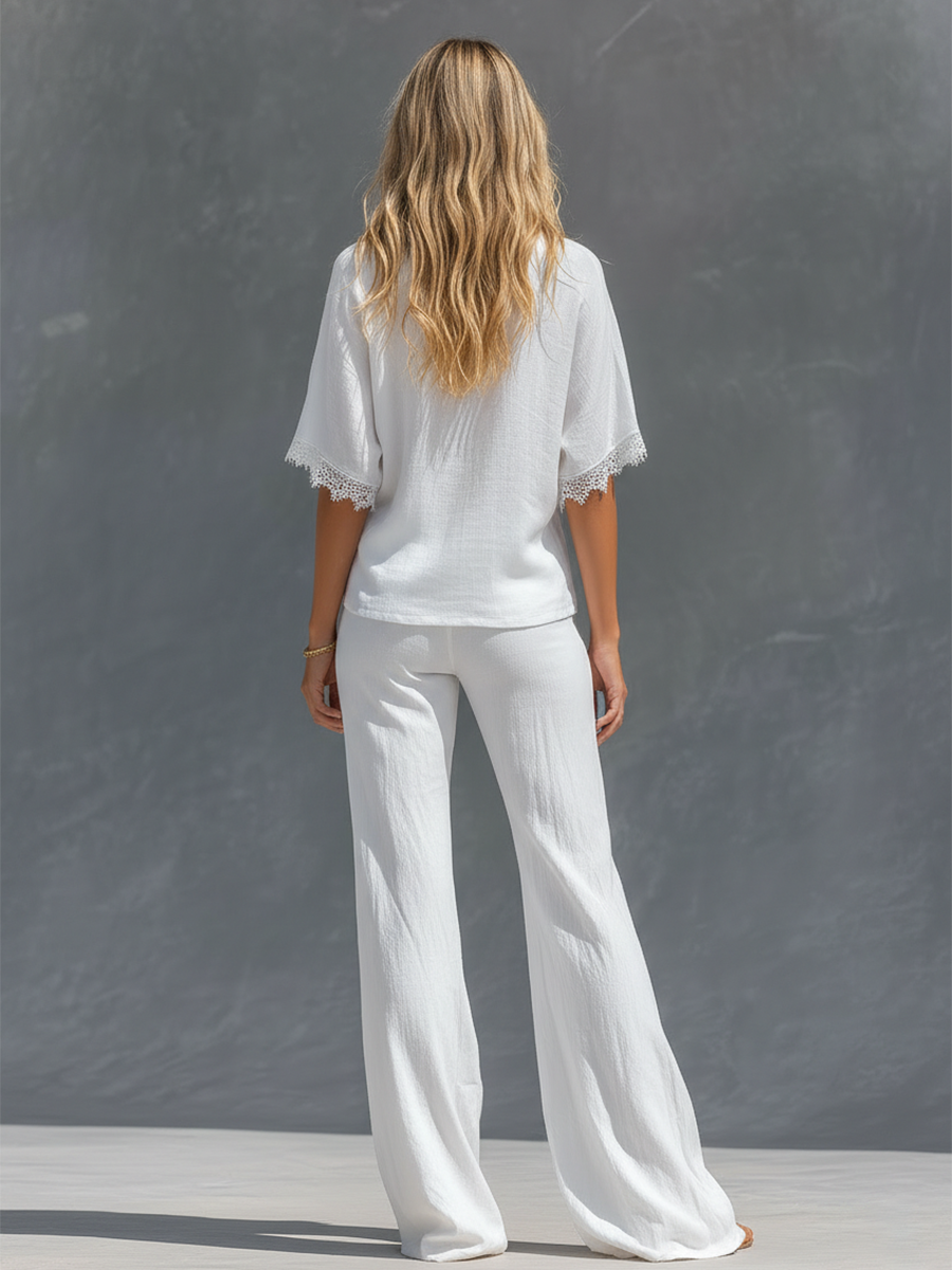 Retro V-neck Cotton And Linen Short-sleeved T-shirt And Wide-leg Pants Set