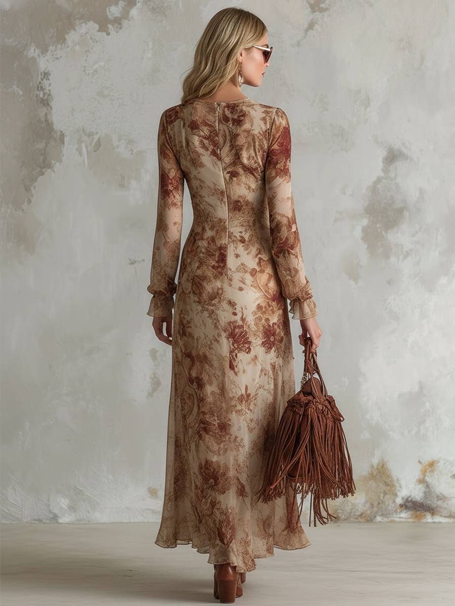 Vintage Bohemian Apricot Floral Print Chiffon Long-sleeved Maxi Dress