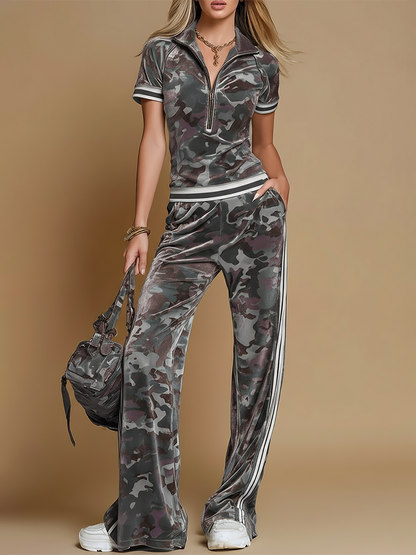 Retro Color-blocked Striped Trim Camouflage Velvet T-shirt And Pants Set