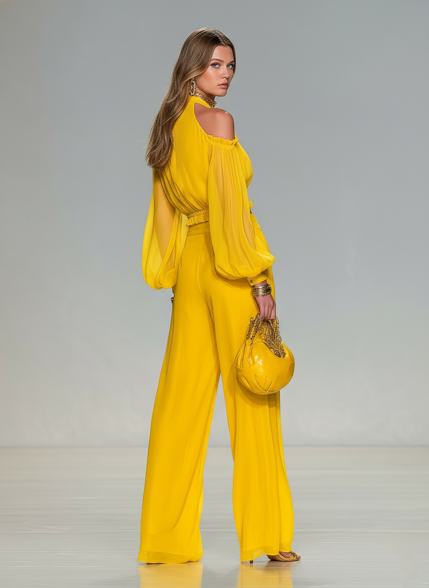 Elegant Urban Style Halter-neck Chiffon Top And Wide-leg Pants Set