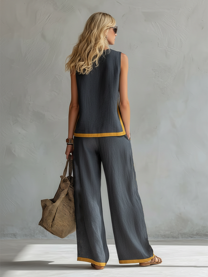 Elegant And Casual Two-tone Trim Gray Cotton And Linen Vest And Pants Set