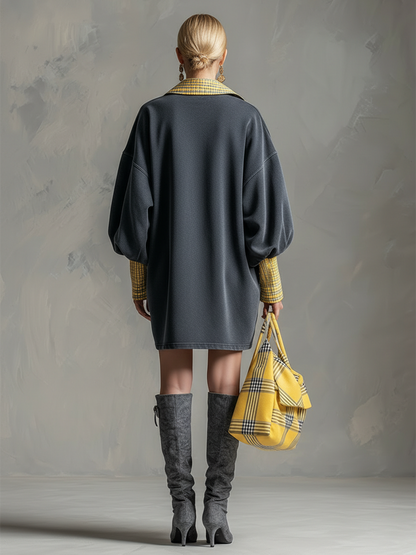 Casual Sporty Plaid Trim Gray Washed Cotton Sweatshirt Mini Dress