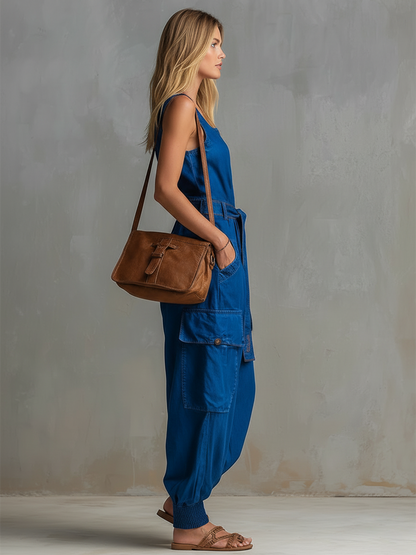 Edgy &amp; Casual Bright Blue Denim Multi-Pocket Jumpsuit