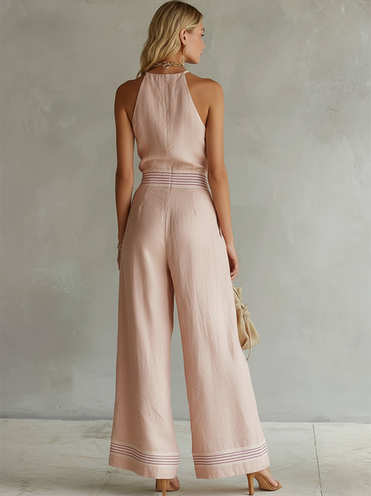 Elegant Urban Striped Trim Pink Cotton-Linen Jumpsuit