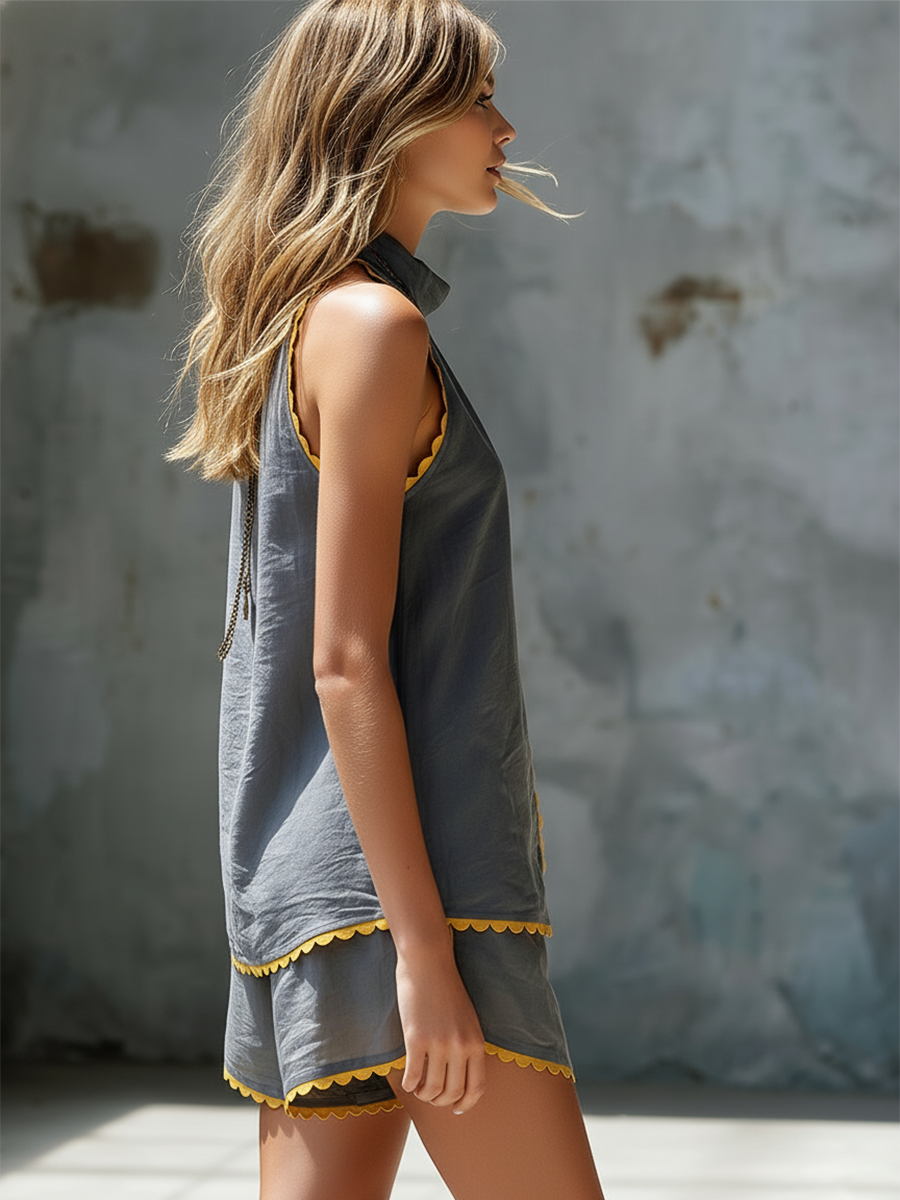 Simple Yet Striking Contrasting Wavy Trim Grey Cotton-Linen Top &amp; Shorts Set