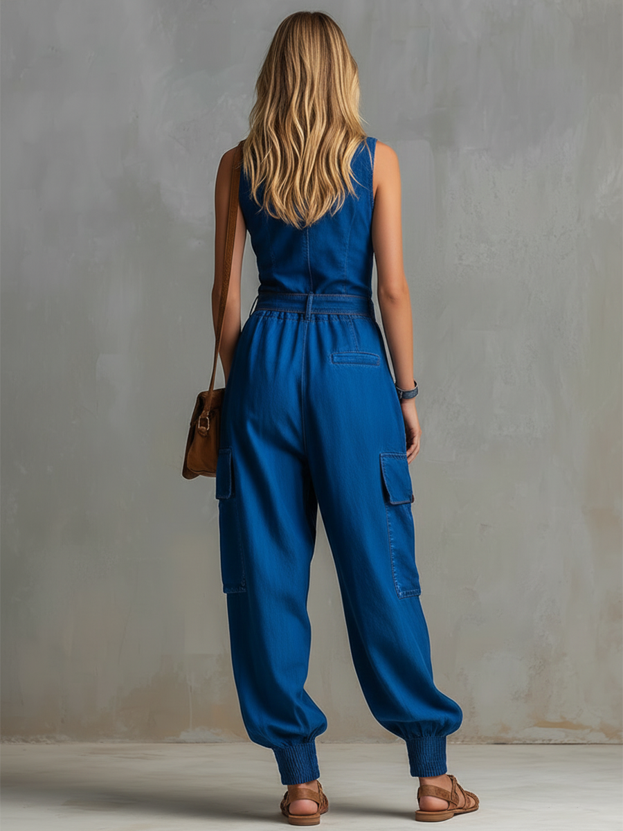 Edgy &amp; Casual Bright Blue Denim Multi-Pocket Jumpsuit