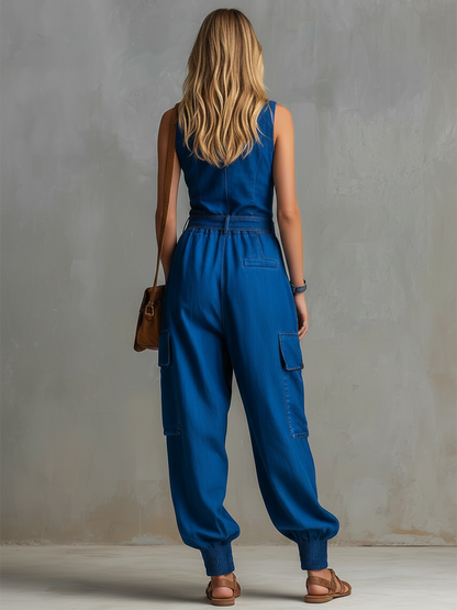 Edgy &amp; Casual Bright Blue Denim Multi-Pocket Jumpsuit