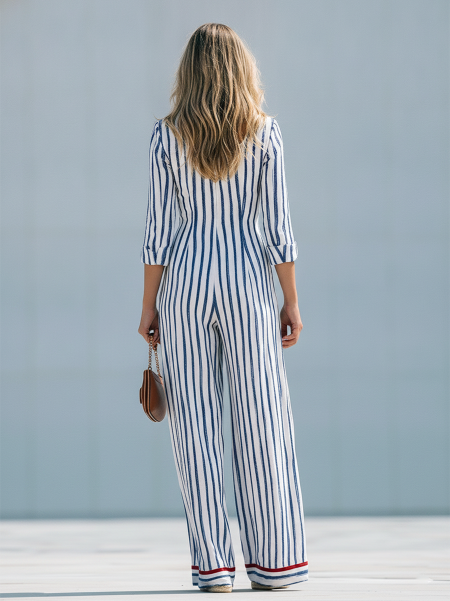 Elegant Urban Blue Striped Square-Neck Cotton-Linen Long-Sleeve Jumpsuit