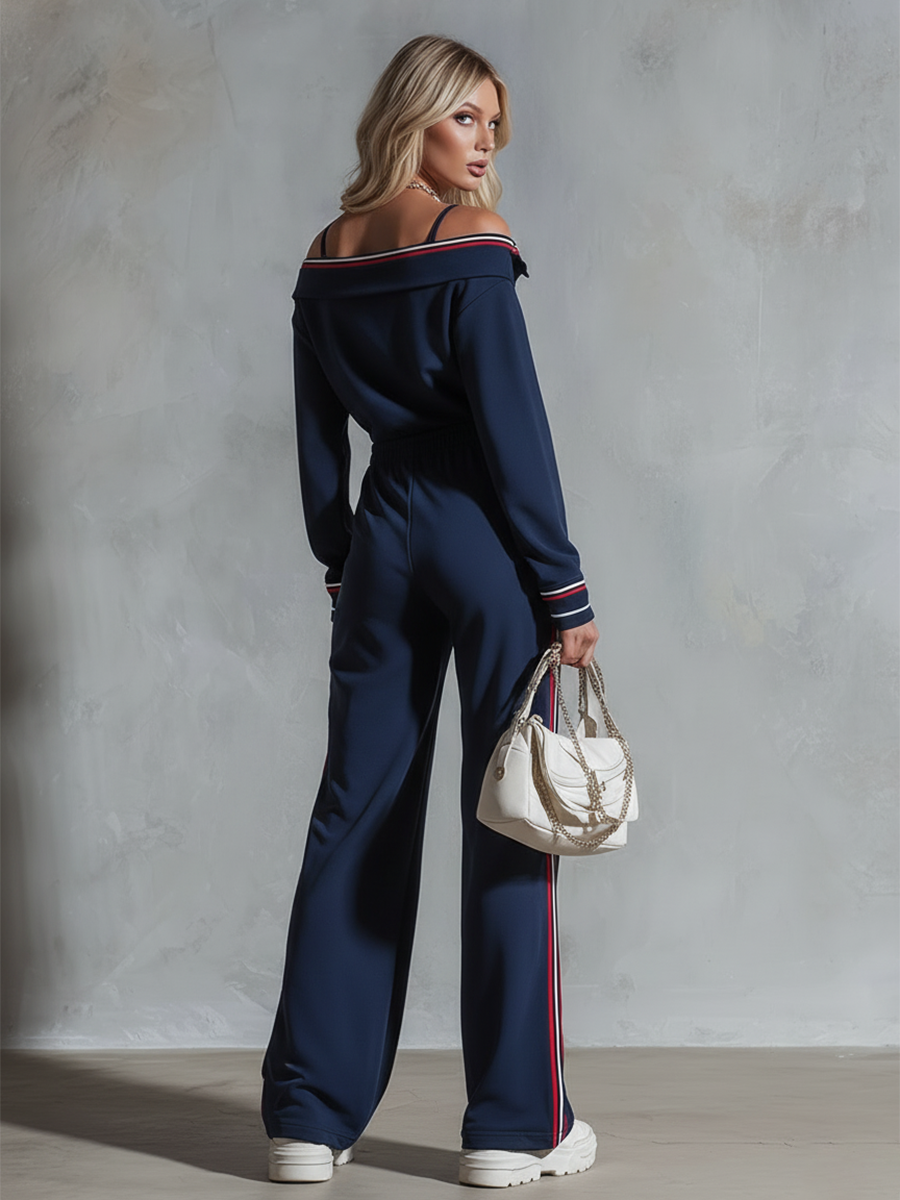 Retro Sporty Striped Trim Spaghetti Straps Navy Blue Collared Cotton Jumpsuit.