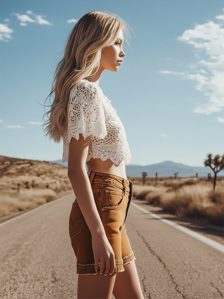 Retro-style Versatile Western Brown Denim Shorts