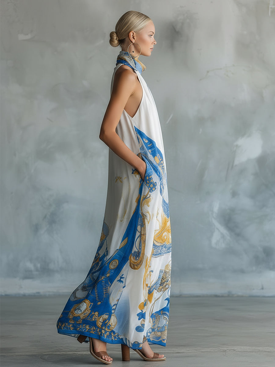 Elegant Retro Color-blocked Baroque Print White Chiffon Sleeveless Maxi Dress