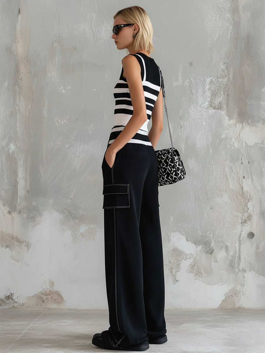 Stylish Sporty Black Striped Knit Vest Cotton Wide-Leg Pants Set